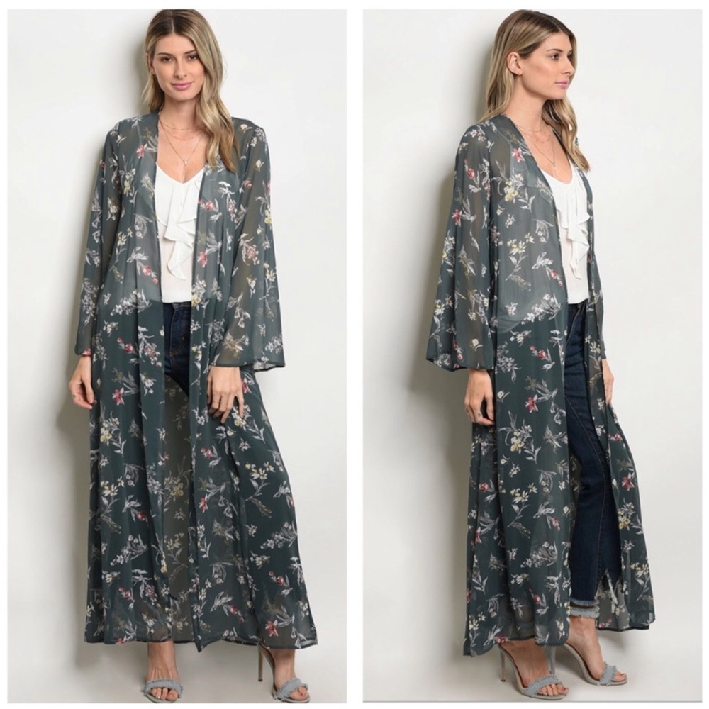 Floral print long open chiffon material cardigan - Picture 1 of 5